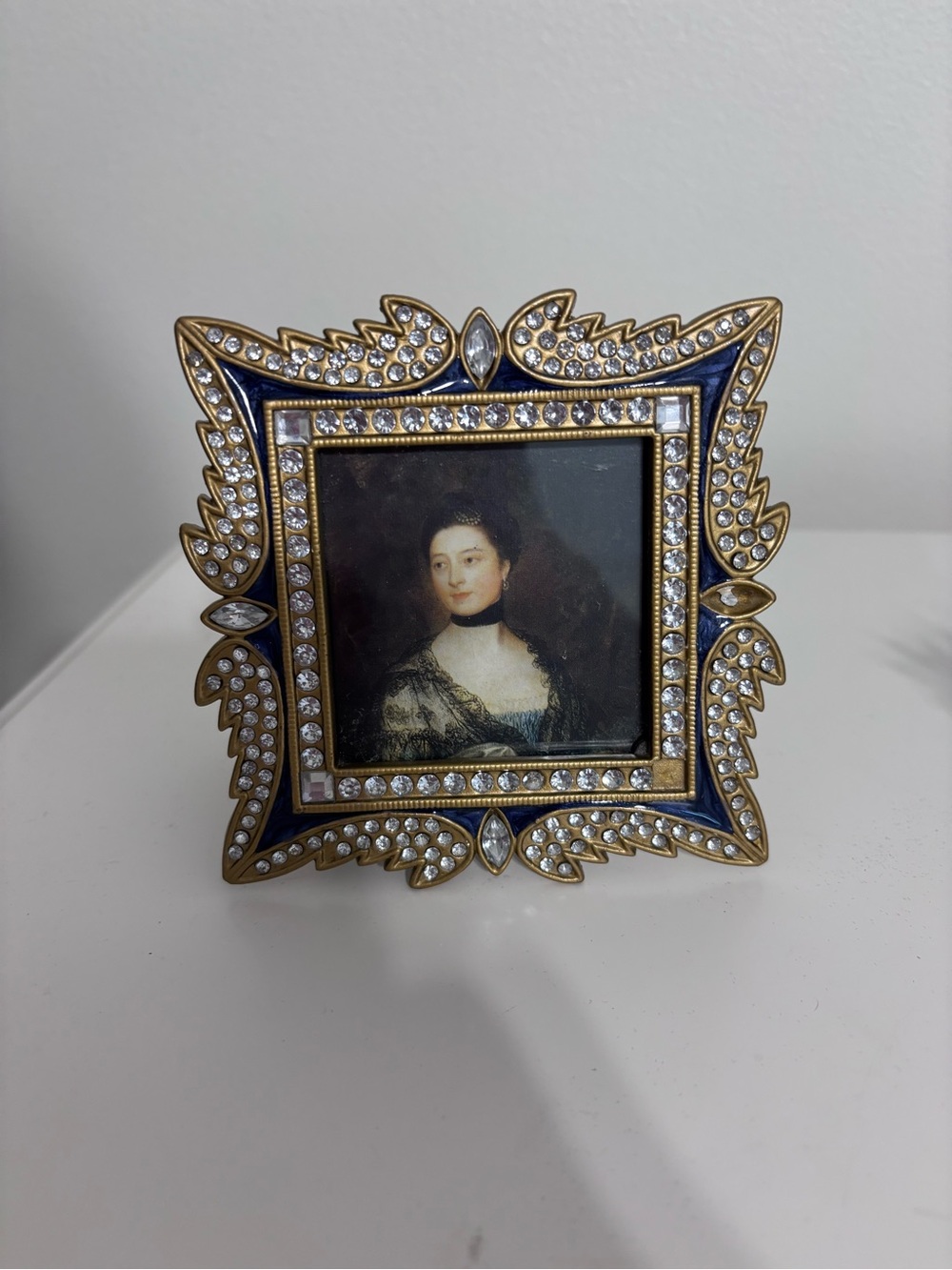 Vintage style ornate blue and gold with rhinestones mini picture frame 2.5”x2.5”